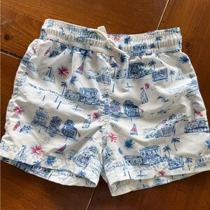 Janie and Jack White Swim Trunks with Blue and Red Beach Print